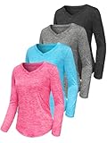 Paquete de 3-5 camisetas para mujer, cuello en V, manga larga, para entrenamiento, casual, secado rápido, atléticas, correr, protección solar UV, senderismo, Juego 2 negro, rosa, gris, azul, XL