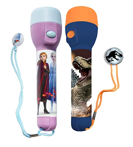 2x große LED Taschenlampen, Kinder-Nachtlicht hell, für Weihnachts- und Geburtstagsgeschenke, Kunststoff Taschenlampe, Spielzeug für Kinder ab 3 Jahren, Größe 16 cm (Dinosaurus und Eiskönigin) Cover
