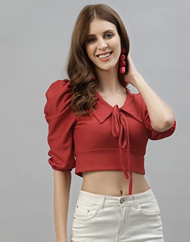 Image of Mehrang Women's Solid Ribbed Crop Tank Top Ribbed Tops for Women V-Neck 3 /4th Balloon Sleeves