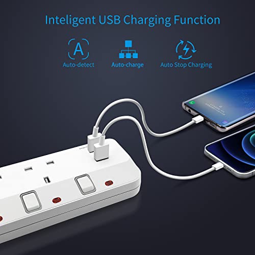 PARTH 3m Extension Lead with USB Slots Surge Protected - 3 Meter Extra Long Cords Extension Cable 4 Way Socket Surge Protection - Wall Mounted UK Plug - Multi Plugs Power Strip with Switches - Image 5
