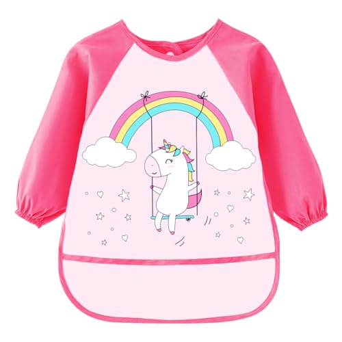 Montrestar Delantal Infantil Impermeable 3-8 Años Niños y Niñas, Bata Pintura Infantil con 3 Bolsillos y Mangas Largas, Babis Escolares para Pintura, Artes, Escuela, Tema Unicornio-B