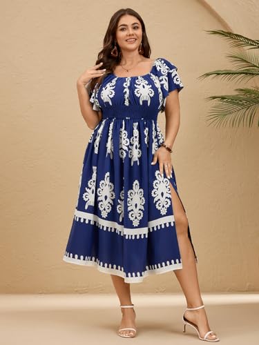 Image of Plus Size Maxi Dress Off The Shoulder Ruffle Smocked Wedding Guest Cocktail Slit Hem Flowy Dresses for Curvy Women