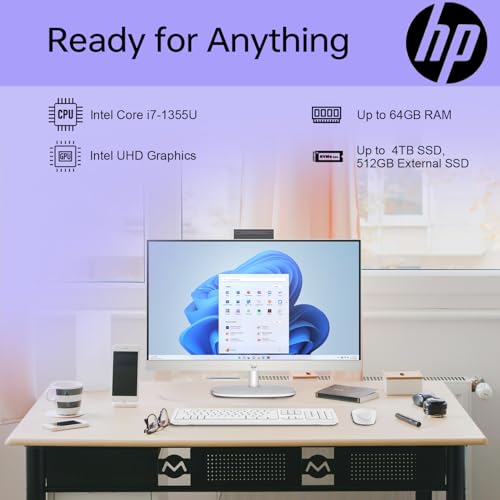 Image of HP 27 i7 All in One Desktop, 27 inch FHD, Intel i7-1355U, 64GB RAM, 2TB SSD, Wired Keyboard & Mouse, IR Camera, HDMI, RJ45, Wi-Fi 6, Windows 11 Home, White with ADATA 512 External SSD Bundle