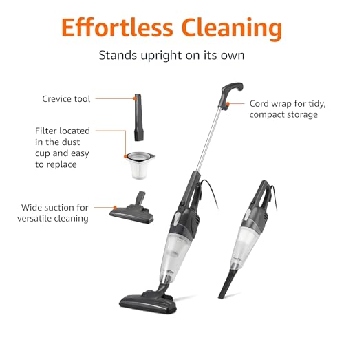 Image of Amazon Basics 2-in-1 Corded Stick Vacuum Cleaner, Converts to Handheld, Lightweight (3.9 LBS), with Washable Filter, Crevice Tools, 0.5L Dust Cup, Self-Standing, 19.7-Ft Cord, 300W, Black