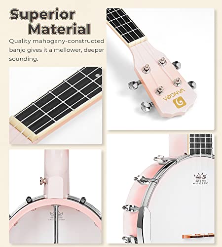 Vangoa Mini Banjo Ukulele Banjolele Pink, Small Banjo Uke Travel Banjo Kids Banjo Instrument With Remo Head, 23 Inch 4 String Beginner Banjo Ukele Open Back For Starters Kids, Teens, Adults #TOP4