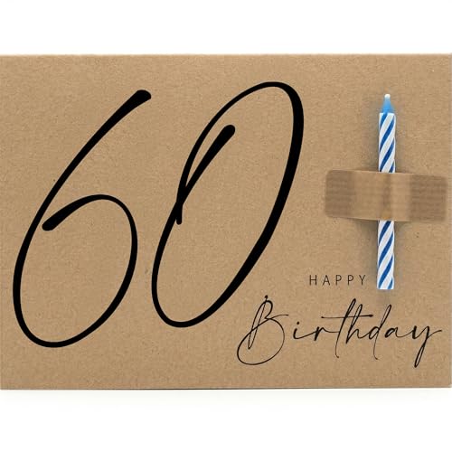 Geburtstagskarte mit Kerze zum 60. Geburtstag A6 Klappkarte aus 400g Recycling-Karton mit echter Kerze und Kraftpapier-Umschlag (60. Geburtstag)