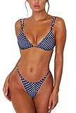 ForBeautyShe Women's Polka Dot Double Shoulder Straps High Cut Thong Bikini Sets L