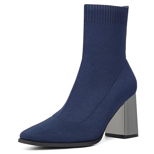 NEWBELLA Women's Pointed Toe Ankle Boots-Minimalist Chunky Heel Sock Booties,