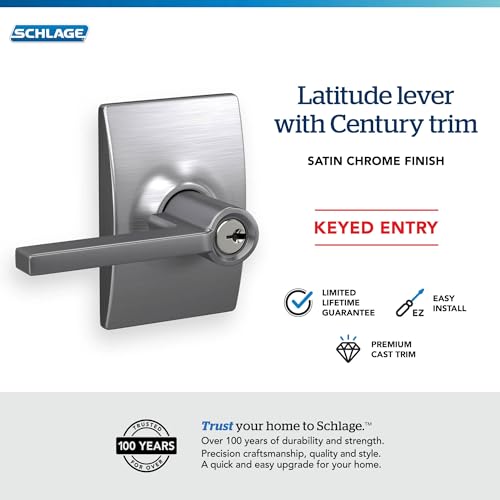 Image of SCHLAGE F51A LAT 626 CEN Latitude Lever with Century Trim Keyed Entry Lock, Satin Chrome