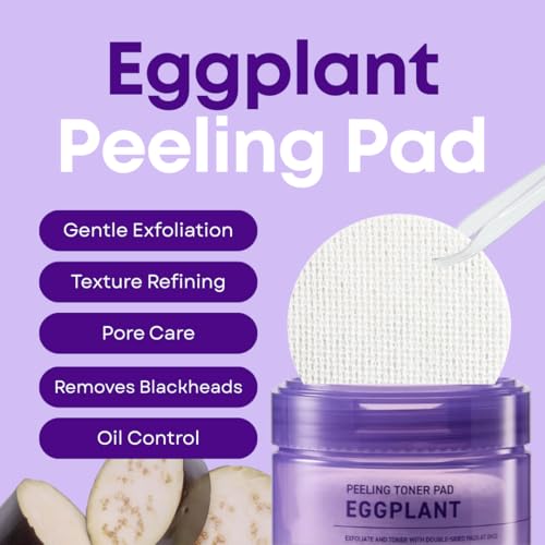 Image of Eggplant Peeling Toner Pads - Korean Toner Pads Exfoliating, Dual Action for Pore Care & Skin Barrier, Improves Rough and Dull Skin, Removes Dead Skin & Blackheads, Dual Side Cotton, 50 Pad