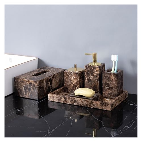 AMEEDA Bathroom Accessories Set Brown Natural Marble Bathroom Accessories Luxury Marble Soap Dispenser Toothbrush Holder Soap Dish Tray Set for Bathroom(Gold-Bottle) - Image 4