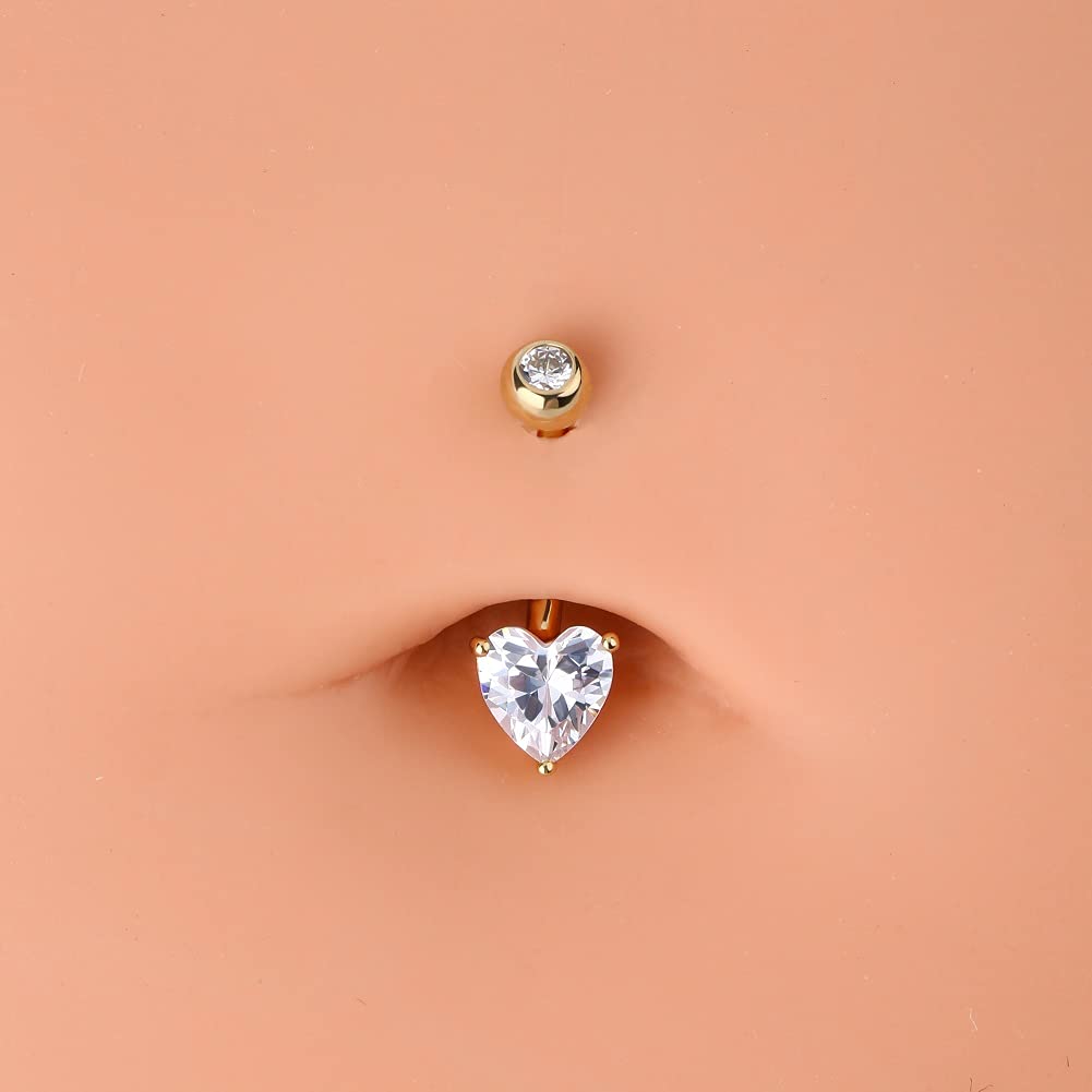 OUFER Carat Gold White Gold Heart Belly Bars Solid Cubic Zircon Belly Button Rings Navel Piercing Jewellery 14 Gauge 1.6mm