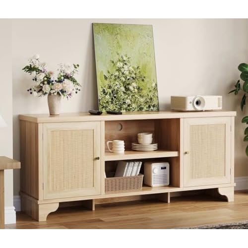 GarveeHome Rattan TV Stand Fits TVs Up to 70 Inches, Boho Entertainment Center with Storage, Wooden Media Console Table for Living Room, Natural Oak,