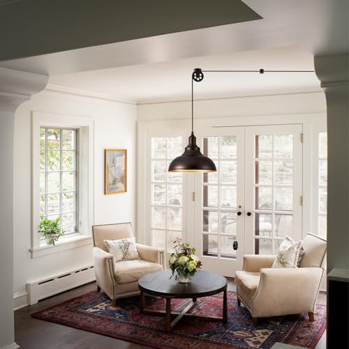 Image of Oil Rubbed Bronze Pendant Light Hanging Lamps for Living Room Plug in 15FT Dimmable Switch Adjustable Pulley Hanging Lights with Cord for Kitchen Bedroom 2 Pack