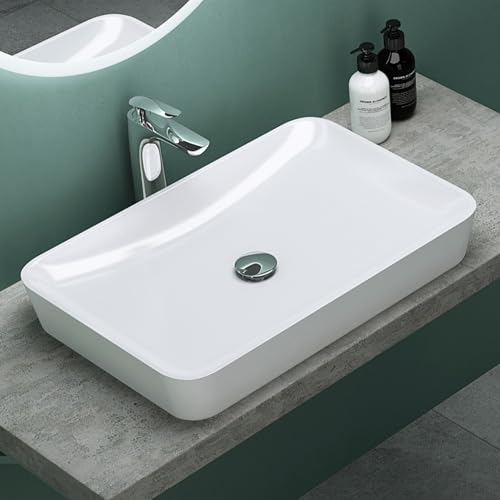 Mai & Mai Lavabo sobre Encimera Lavabo Baño | Rectangular | Blanco Brillante | Mármol Fundido | 60x40x9cm | sin Orificio para Grifo sin Rebosadero | Colossum815