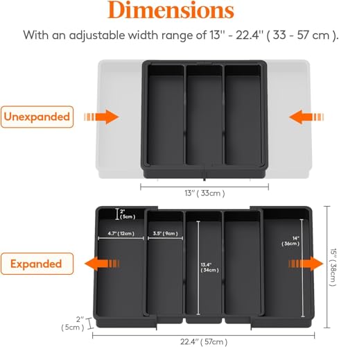 Image of TASMAX Expandable Cutlery Organizer For Kitchen Drawer, Adjustable Cutlery Tray, Multipurpose Storage For Spoons Forks Knives, Tandom Drawers Accessories, Black, Large (Kitchen Drawer)