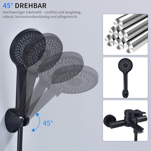 HOMELODY Badewannenarmatur mit Handbrause Schwarz Matt – Mischbatterie Badewanne Wandmontage, 2 Ausgänge Einhebelmischer Duscharmatur mit Wanneneinlauf, Anschlussmaß 135–165 mm