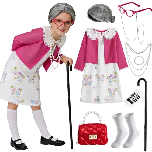 Mishopy Deguisement Grand Mere Enfant Fille avec Perruque Robe Grand Mere Cardigan Sac à Main Lunettes Collier Perle Bracelet Perle Béquille Costume Carnaval Enfant...