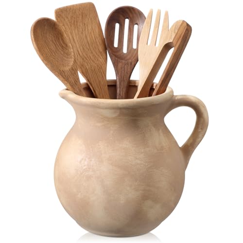 Potchen Rustic Kitchen Utensil Holder with Handle,7.48" H Ceramic Vintage