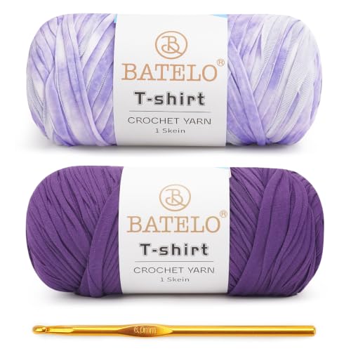 Image of 2 Pack T-Shirt Yarn for Beginner Crochet Bags /Basket /Coaster, 400g /144yds High Elastic Thick Polyester Fabric (White&Lavender&Purple)
