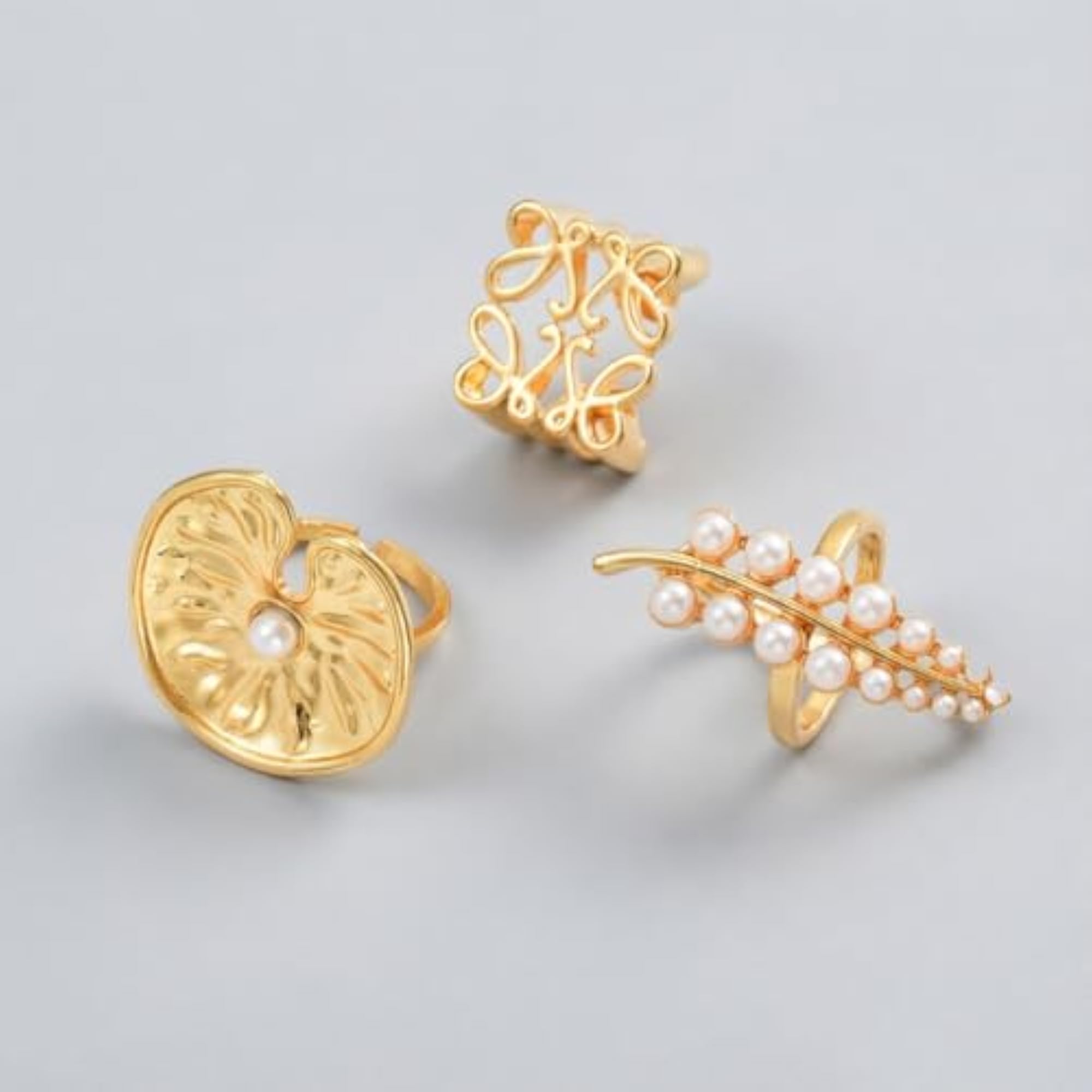Women's Gold Plated 3pc Pearl Leaf & Bow Stackable Ring Set