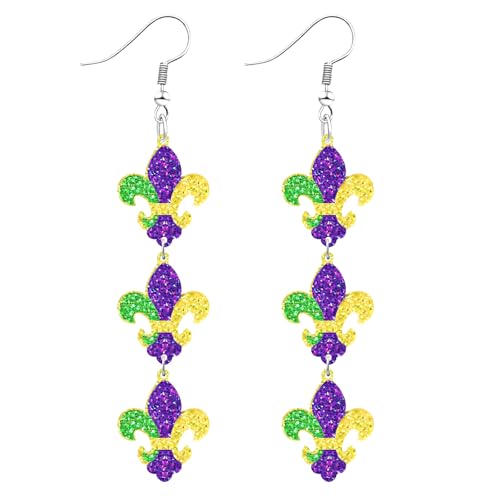 Nanafast Acrylic Mardi Gras Earrings for Women Glitter Fleur De Lis Crown Mask Dangle Earrings for Mardi Gras Outfits Carnival Celebration-Triple Flower