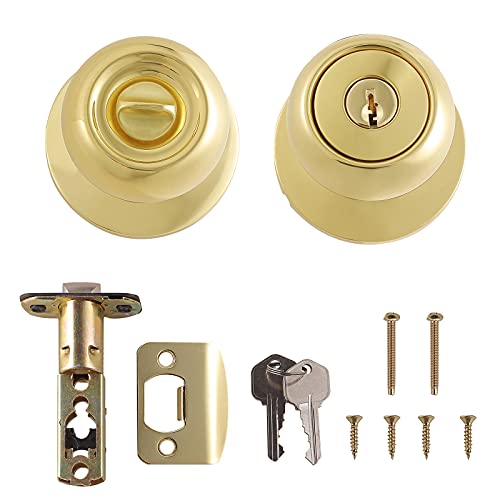 Amazon Basics Exterior Door Knob With Lock, Coastal, Polished Brass, Entry #TOP2