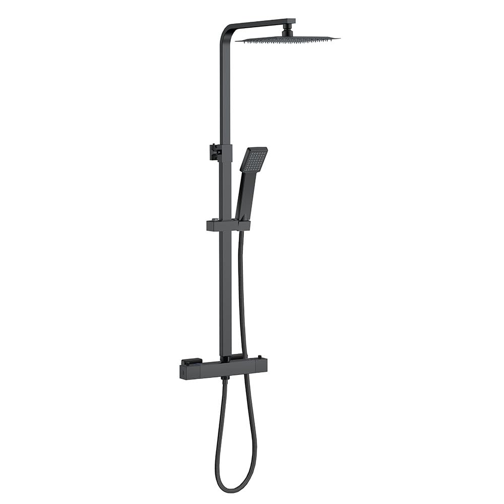 Aica Sanitär Duschsystem mit Thermostat, Edelstahl Duscharmatur Komplettset mit 20x20cm Quadratisch-Overhead Regendusche, 73-115cm Höhenverstellbare Duschstange, Verbrühungsschutz, Mattschwarz