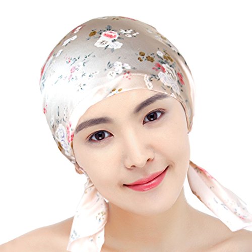 Funcl Silk Sleep Caps for Women,100% Mulberry Silk Night Cap Adjustable Bonnet Head Cover for Hair Beauty,Chemo Sleep Hat, Pink Flowers