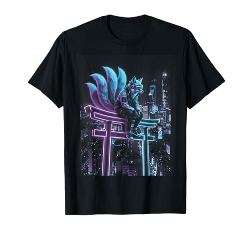 Cyberpunk Kitsune Torii Japanese Fox Synthwave Vaporwave T-Shirt