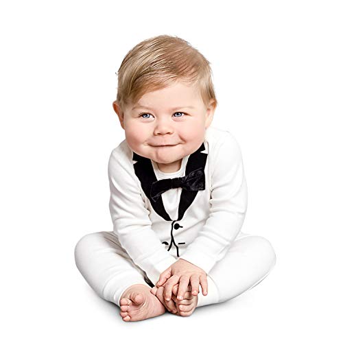 The Tiny Universe Tuxedo Onesie for Fancy Baby Boys, Body Suit with Satin Bow-Tie, Jumpsuit Gentleman Wedding Outfit