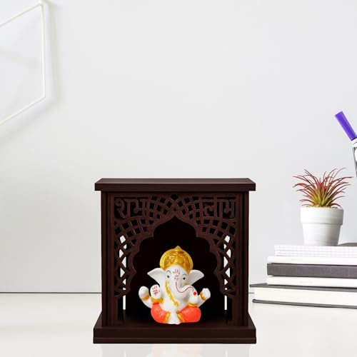 Image of EXPLEASIA Mukut Ganesha Idol with Wooden Temple with Rakhi for Home mandir| car Dashboard| Gift Items | Festival Item| showpiece| Temple Decor
