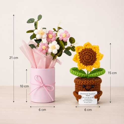 Image of Crochet Flower Bouquet & Emotional Support Sunflower Combo - Handmade Knitted Floral Gift Set | Aesthetic Mini Decor Combo