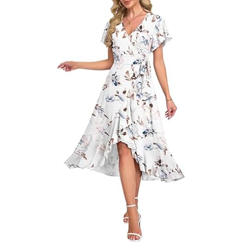 AUSELILY Women Summer Midi Dresses Wrap Short Flutter Sleeve Elegant Dress