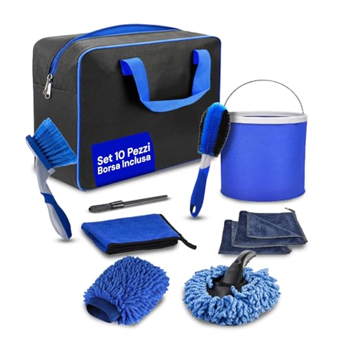 Daimann - Kit Pulizia Auto Completo 16 Pezzi per Pulizia Auto Interni ed Esterni con Spazzola Lavaggio Auto, Panni in Microfibra e Guanti Chenille, Facile da Usare e Multiuso Professionale