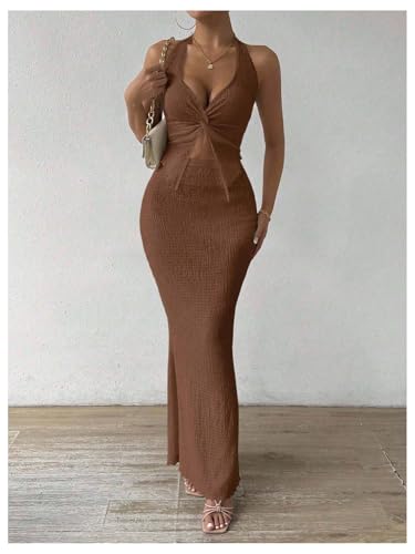Image of SOLY HUX Women's Two Piece Outfits Twist Front Halter Cami Tops and Skirt Summer Set