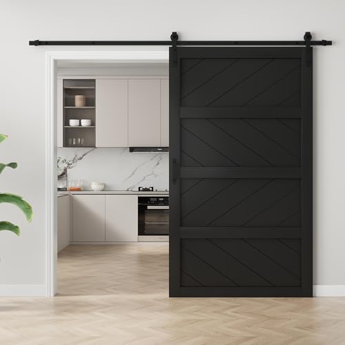 Image of 48 inchx84 inch Black Waved Barn Door with 8 FT Track Kit & Handle & Floor Guide | Pre-Drill Holes Easy Assembly & Install Required, Solid Core Wood Sliding Barn Door for Water-Resistant & Sound Reduction