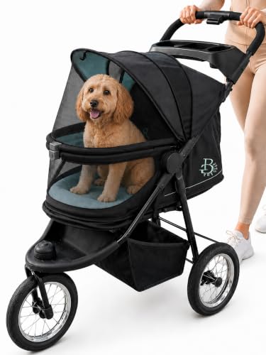 Pet Gear No-Zip Push Button Pet Stroller for Cats/Dogs, Zipperless Entry, Easy One-Hand Fold, Gel-Filled Tires, Plush Pad + Weather Cover Included, Aquamarine image 4