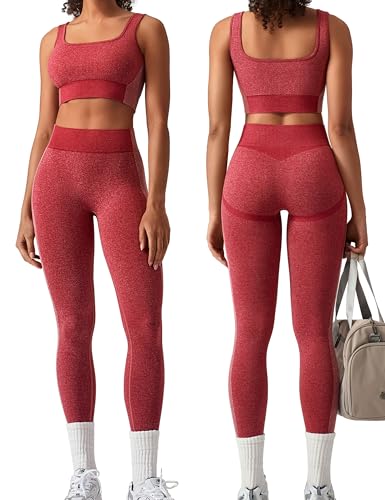 Image of OLCHEE Womens Workout Sets 2 Piece Seamless Square Neck Sports Bra Padded Butt Lifting Leggings High Waist Yoga Gym Outfits