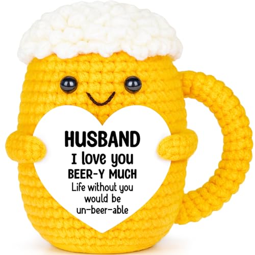BiuNiuring Wedding Anniversary Birthday Gifts for Husband from Wife, Cute Handmade Crochet Beer Gifts for Him Husband Men, Romantic I Love You Gift for Hubby Spouse, Birthday Home Desk Decorations