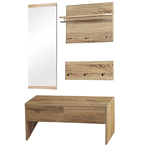 Natsen 4tlg. Kompaktgarderobe Flurgarderobe Wandgarderobe Holz Garderobenset, 1 Sitzbank + 1 Wandspiegel +2 Garderobenpanel, für Diele Flur Wohnzimmer Büro Cover