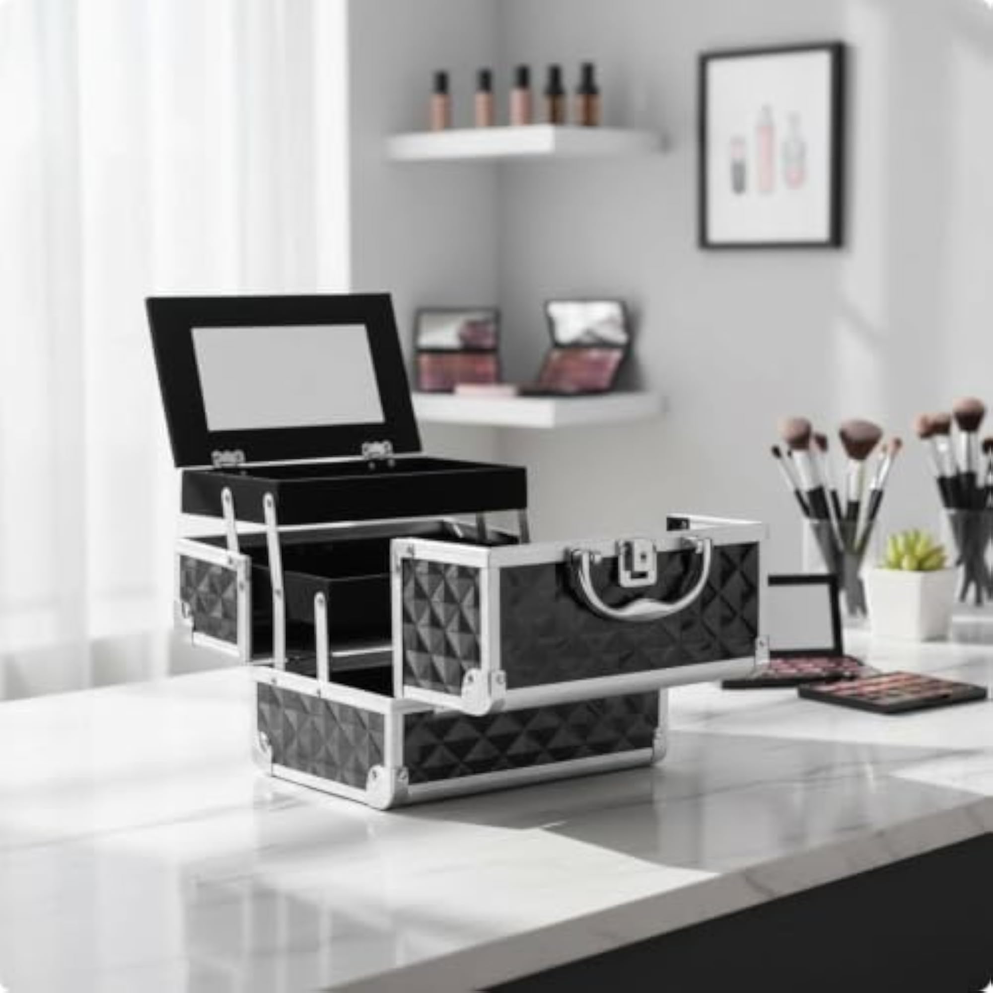 Makeup Box with Mirror, Large Capacity Portable Case