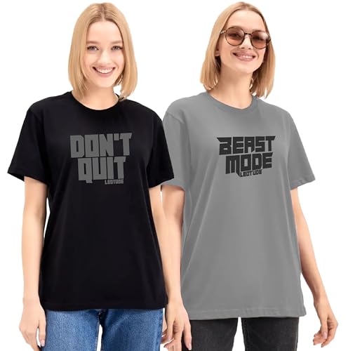 Image of LEOTUDE Women's Boyfriend-Loose Fit Round Neck Half Sleeve Cottonblend Combo Women Tshirt Pack of 2 (Color Black)
