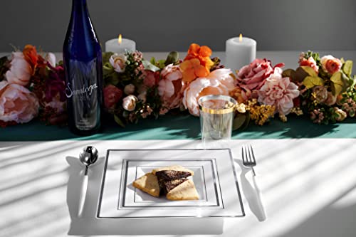 Bloomingoods Disposable Plastic White Square Plates, 100-Pack 6.5 & 10 In. Combo Premium Heavy Duty Silver Rim Square Plastic Plates, Ideal For Wedding, Party, Event Or Catering #TOP3