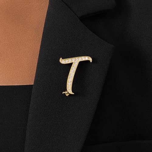 Image of Cicy Bell A-Z Initial 26 Letter Brooch Pins 18k Gold Plated Cubic Zirconia Breastpin Name Personalized Gifts for Women Men