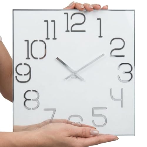 FLEXISTYLE Orologio da parete quadrato Digit diametro 30 cm, senza ticchettio, moderno, design in vetro acrilico e specchio acrilico, soggiorno, camera da letto (bianco)