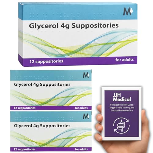 2 X Glycerin (Glycerol) Suppositories 4g Adult Pack of 12 Gentle Relief from Occasional Constipation JJH Medical Bundle with Stool Chart Symptom Tracker & Relief Guide for Digestive Support