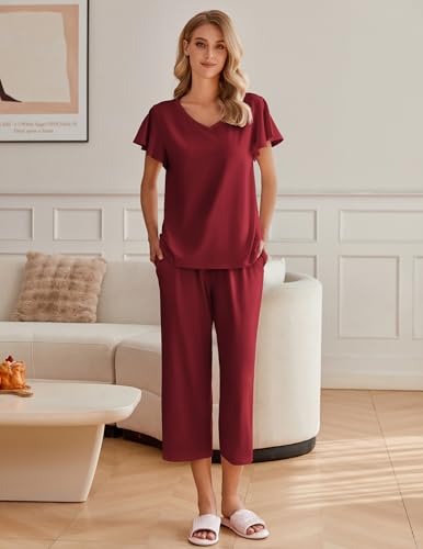 Image of Ekouaer Womens Cotton Pajamas Sets Short Sleeve Capri Pants with Pockets