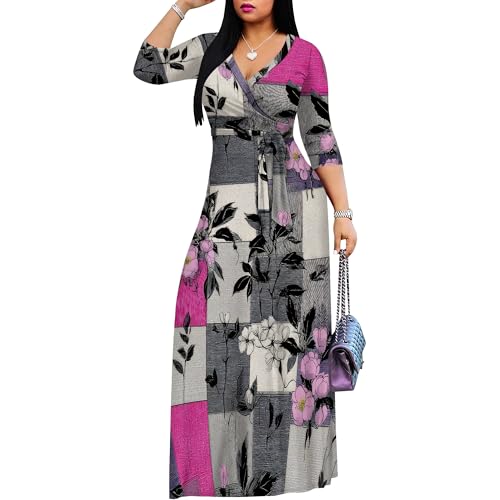 Image of Plus Size Dresses for Women Print Maxi Dresses 3 /4 Sleeve with Belt