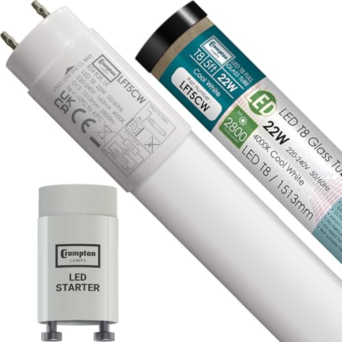 Crompton Lamps 5ft LED T8 Tube, 4000K Cool White, 22W (58W Equivalent), Replacement Fluorescent Tubes for LED Batten Light, Ceiling Strip Lights, Garage Lighting, Includes Fluorescent Starter